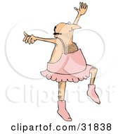 Clipart Illustration Of A Masculine Hairy White Male Ballerina Dancing Ballet In A Pink Tutu Up On Tippy Toes And Reaching Upwards