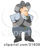 Poster, Art Print Of Friendly White Cowboy In Boots A Vest And Hat Standing With His Hands On His Hips And Glancing At The Viewer
