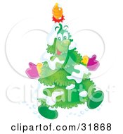 Poster, Art Print Of Jolly Snow Flocked Christmas Tree Wearing Mittens A Pinecone On His Head