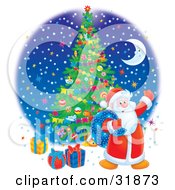 Poster, Art Print Of Santa Claus Carrying A Toy Sack And Waving Standing Near Gifts Under A Christmas Tree Against A Blue Night Sky With Colorful Stars And A Crescent Moon