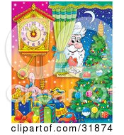 Poster, Art Print Of St Nick Peeking In Through A Home Window Looking In On Toys A Christmas Tree And Clock On A Snowy Winter Night