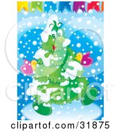 Poster, Art Print Of Happy Christmas Tree Flocked In Snow Wearing Mittens And Walking Under Banners