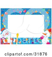 Clipart Illustration Of St Nick Carrying A Sack And A Staff Talking With A Snowman On A Blue Border With Confetti And Gifts With A White Center For Text Or A Photo