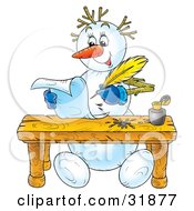 Happy Snowman Seated At A Table Writing Letters With Ink And A Quill