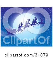 Poster, Art Print Of Santa Claus And Reindeer Silhouetted Against A Full Moon In A Night Sky