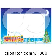 Clipart Illustration Of Kris Kringle Driving A Train Near A Christmas Tree On A Stationery Border With A Crescent Moon And White Text Space