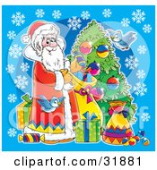 Poster, Art Print Of St Nick And Blue Birds Decorating A Christmas Tree And Leaving Presents On A Blue Background With Snowflakes