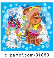 Bluebirds Following A Bear As He Pulls A Sled Of Christmas Presents Over A Blue Background With Snowflakes And Flocked Trees