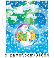 Poster, Art Print Of Snowman Carrying Presents And Ice Skating On A Christmas Bauble Hanging From A Tree Branch Over A Snowy Blue Background