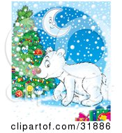 Cute Polar Bear Near A Christmas Tree Under A Crescent Moon On A Blue Snowy Background
