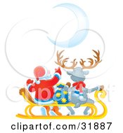 Santa Claus And A Reindeer Seated On A Sled With A Toy Sack Watching A Crescent Moon
