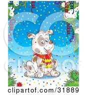 Poster, Art Print Of Happy Puppy Wearing A Scarf Surrounded By Colorful Confetti Streamers And Flocked Tree Branches On A Blue Background