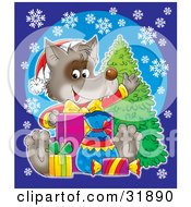 Happy Wolf Wearing A Santa Hat And Waving While Opening Presents Over A Blue Background With Snowflakes And A Tree
