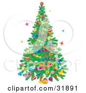 Poster, Art Print Of Little House Under A Decorated Christmas Tree With Ornaments And Garlands On A White Background With Colorful Stars