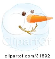 Poster, Art Print Of Friendly Snowman Face With A Stick Mouth Coal Eyes And Carrot Nose