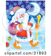 Clipart Illustration Of St Nick Walking With A Cane Through A Snowy Winter Night Under A Crescent Moon Dropping Baubles From His Toy Sack