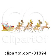 Santa Claus Holding Onto A Toy Sack And Waving While Being Transported By His Team Of Reindeer