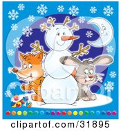 Poster, Art Print Of Cute Fox And Hare Peeking Around A Friendly Snowman Over A Blue Background With Snowflakes And A Crescent Moon And Colorful Baubles