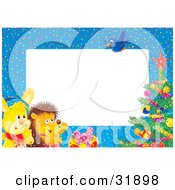 Bunny Rabbit And Hedgehog Watching A Bluebird Fly Above A Christmas Tree On A Blue Border Around White Stationery Text Space