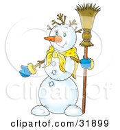 Clipart Illustration Of A Friendly Snowman Wearing A Scarf And Mittens Holding A Broom