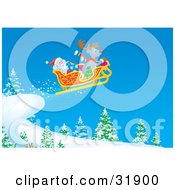 Clipart Illustration Of Santa Claus And A Reindeer Having Fun While Catching Air In The Sleigh And Riding Off A Hill