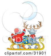 Santa Claus Pointing At A Crescent Moon While Sitting With A Toy Sack And A Reindeer