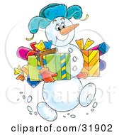 Poster, Art Print Of Jolly Snowman Wearing A Hat Carrying Gifts In Both Arms