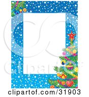 Poster, Art Print Of Stationery Border Of Snow Confetti And A Decorated Christmas Tree Around A White Text Box