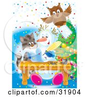 Poster, Art Print Of Owl Flying With An Envelope Over A Kitten Watching A Snowman Writing A Letter
