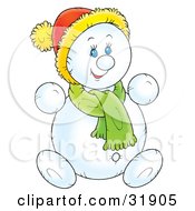 Clipart Illustration Of A Happy Blue Eyed Child Snowman Wearing A Hat And Scarf