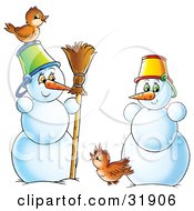 Poster, Art Print Of Two Friendly Snowmen Wearing Pail Hats Standing With A Broom And Two Brown Birds