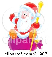 St Nick Waving While Sitting On His Toy Sack And Holding Onto A Golden Staff