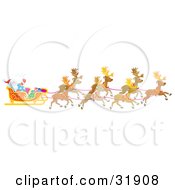 Poster, Art Print Of Team Of Reindeer Flying Santa Claus In His Sleigh