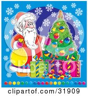 Clipart Illustration Of St Nick With Christmas Presents And A Tree On A Blue Background With Snowflakes And Colorful Balls Along The Bottom by Alex Bannykh