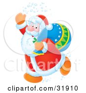 Poster, Art Print Of Kris Kringle Running Through Snow And Waving While Running Past With A Toy Sack