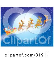 Poster, Art Print Of Santa Claus Waving In His Sleigh While Flying With His Reindeer In Front Of A Full Moon