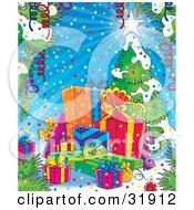 Poster, Art Print Of Streamers And Confetti Framing A Scene Of Presents Near A Flocked Christmas Tree