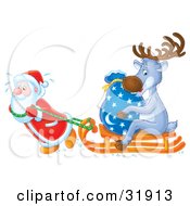 St Nick Breaking A Sweat While Pulling A Toy Sack And Reindeer On A Sled