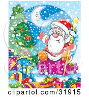 Poster, Art Print Of St Nick Holding A Staff And Sitting On A Sack Near A Christmas Tree And Gifts Under A Crescent Moon On A Snowy Night