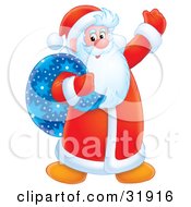 Poster, Art Print Of Santa Claus In His Red Suit Smiling And Waving A Blue Toy Sack Slumped Over His Shoulder