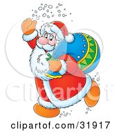 Poster, Art Print Of Kris Kringle Waving While Running Past A Toy Sack Slumped On His Shoulder