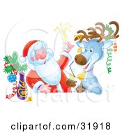 Clipart Illustration Of St Nick And A Reindeer Getting Drunk And Celebrating At A Bar