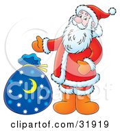 Poster, Art Print Of Kris Kringle Smiling And Gesturing Towards A Blue Toy Sack With A Crescent Moon And Star Pattern