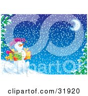 Poster, Art Print Of Happy Snowman Walking Downhill Past Flocked Trees Carrying Gifts On A Snowy Winter Night With A Crescent Moon