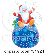 Poster, Art Print Of Santa Claus Having Fun And Sitting On Top Of A Blue Star Patterned Toy Sack In The Snow
