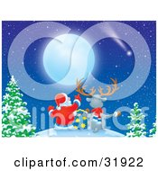 Clipart Illustration Of Santa Claus And A Reindeer Seated With A Toy Sack On Top Of A Hill Near Trees Star Gazing And Looking At A Shooting Star And Full Moon by Alex Bannykh