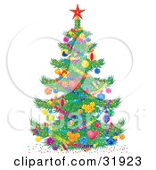 Colorful Decorated Christmas Tree With A Red Star On Top Baubles And Garland