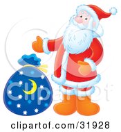 Poster, Art Print Of Santa Gesturing Towards A Blue Toy Sack With A Crescent Moon And Star Pattern