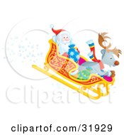 Santa Claus And A Reindeer Having Fun Riding Downhill In A Sleigh