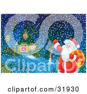 Poster, Art Print Of Santa Claus Waving And Carrying A Sack Of Toys Standing Near A Snowman In Front Of A Home On A Snowy Christmas Eve